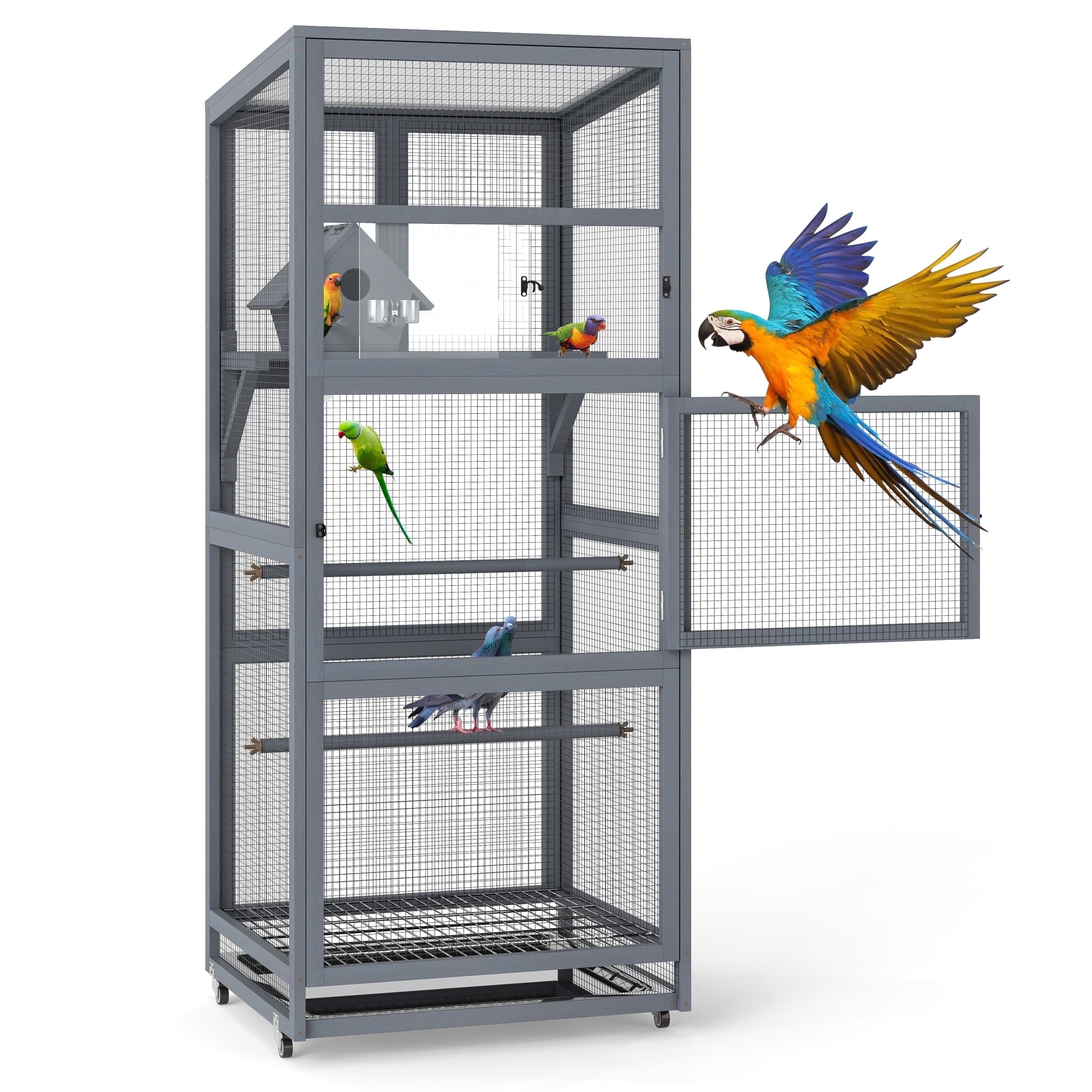 Coziwow 68"H Large Wooden Bird Aviary on Wheels,Outdoor Bird Cage for Parakeet, Finches, Parrots, Small Birds with Removable Bottom Tray Easy to Clean, Gray