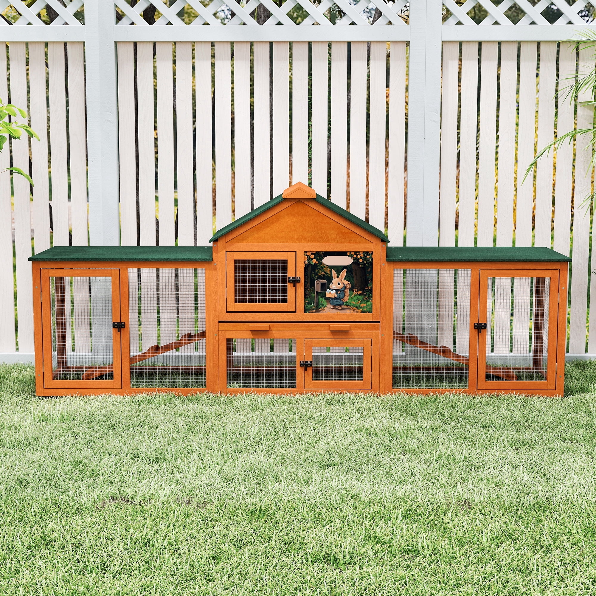 83”Large Wooden Rabbit Hutch Outdoor Easy to Assemble，Rabbit Cage Bunny Hutch Indoor with Cleaning Tray & Waterproof Roof for Small&Medium Bunny Rabbit，Orange