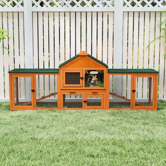 Coziwow 83”Large Wooden Rabbit Hutch Outdoor Easy to Assemble，Rabbit Cage Bunny Hutch Indoor with Cleaning Tray & Waterproof Roof for Small&Medium Bunny Rabbit，Orange