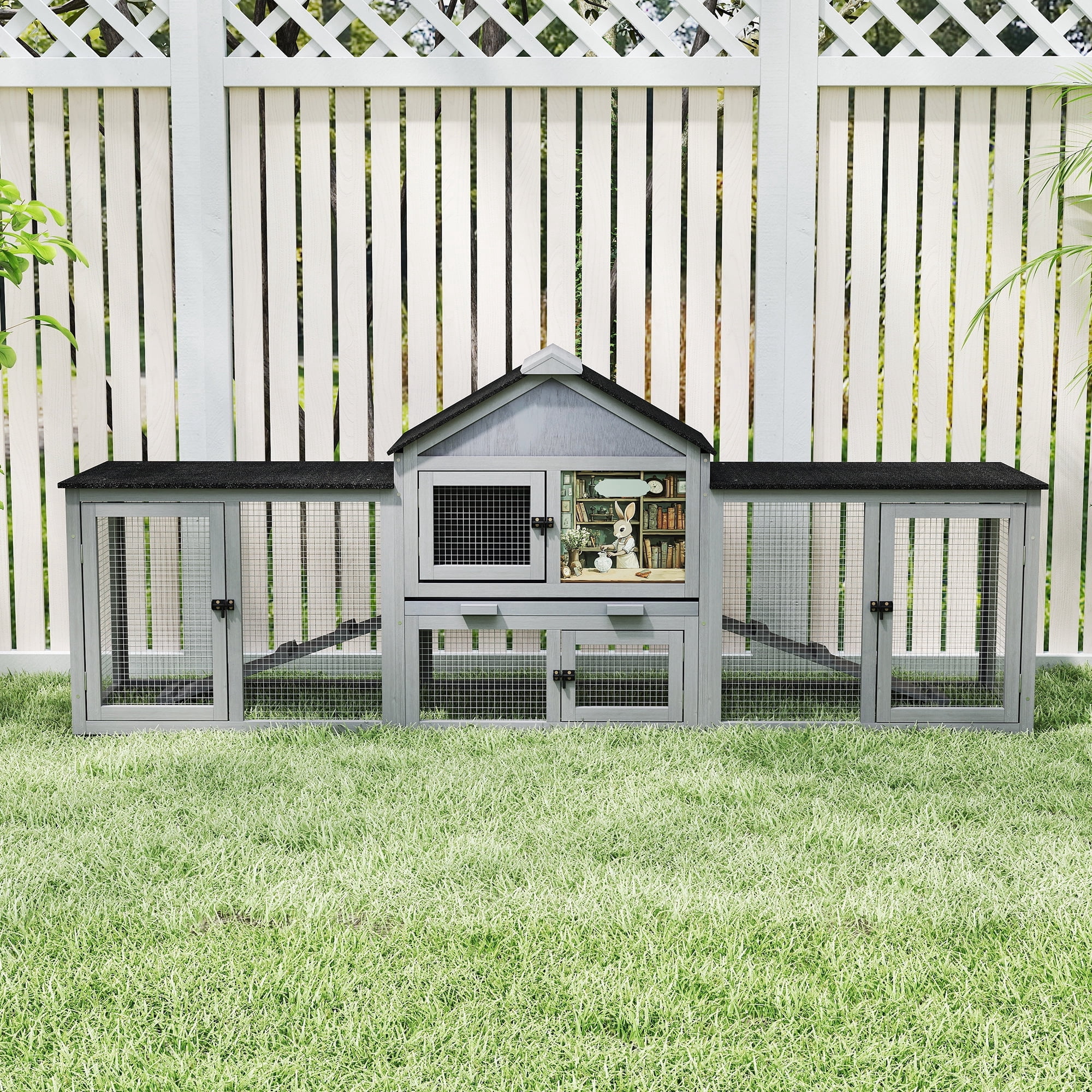 83" Wood Fashion Rabbit Hutch Chicken Coop Wooden Small Animal House, Grey
