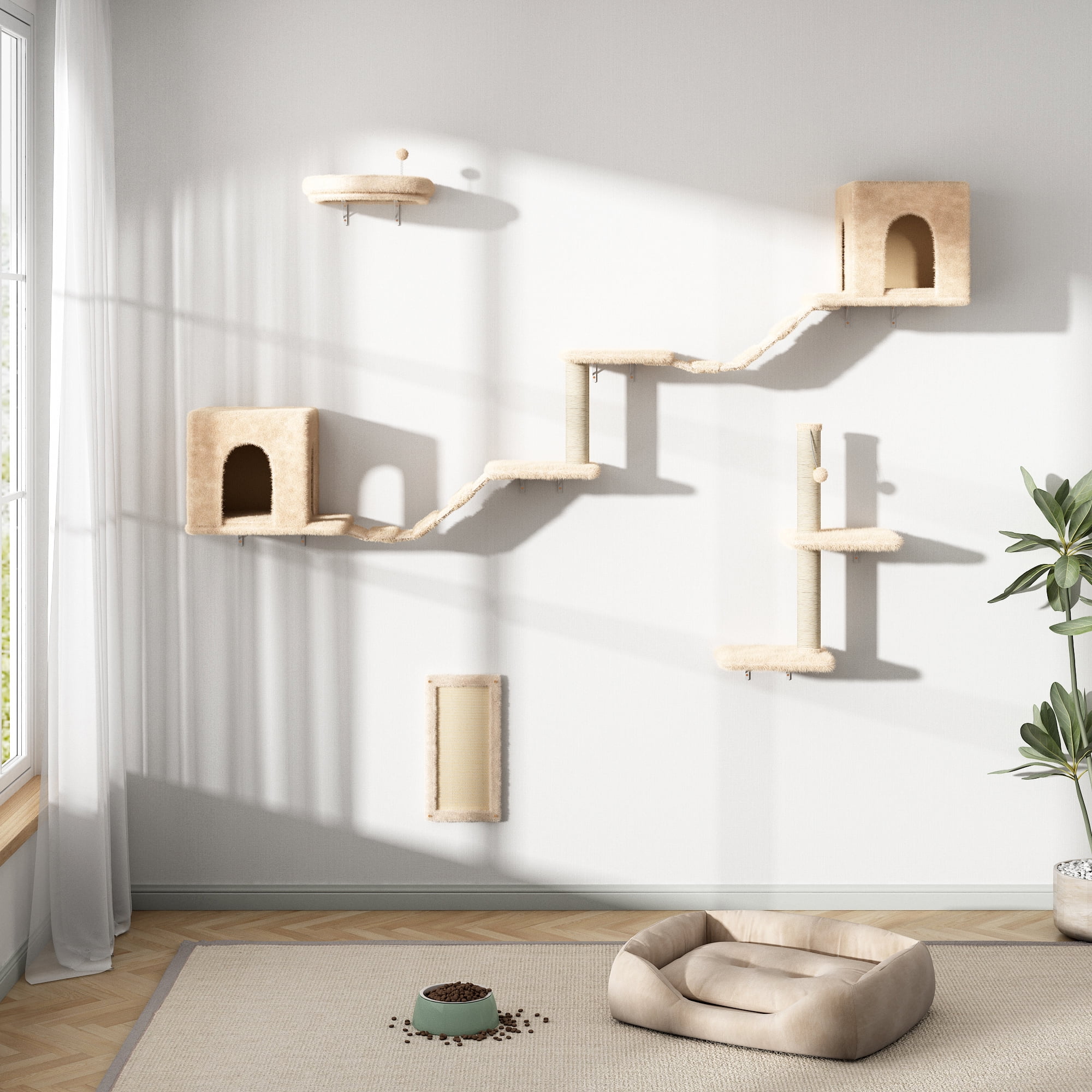 Beige Sisal Wall Mounted Cat Climber Set with Condos and Perches