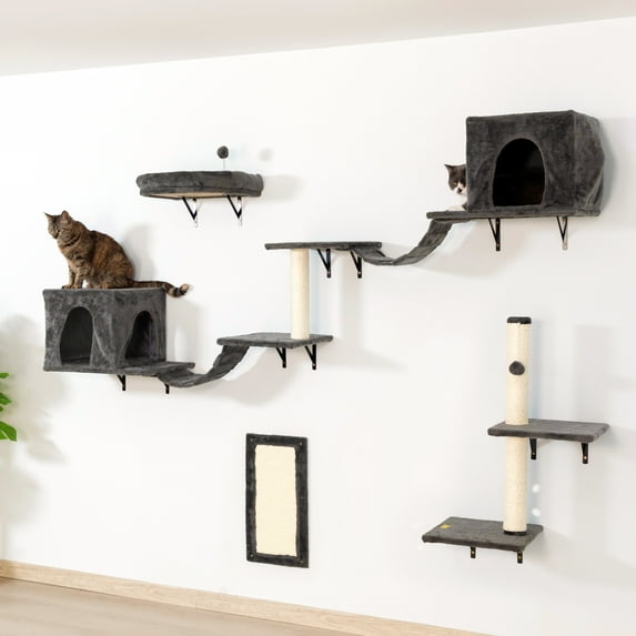 Coziwow 8PCS Wall Mounted Wood Cat Climber Set, Cat Shelves and Perches Cats Furniture for Multiple Cats, Dark Gray