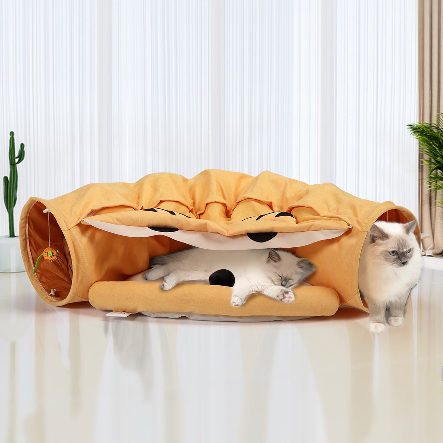 Coziwow Cat Tunnel Tube Collapsible W/ Bed Cat Toy for Small Medium Large Cat, Yellow