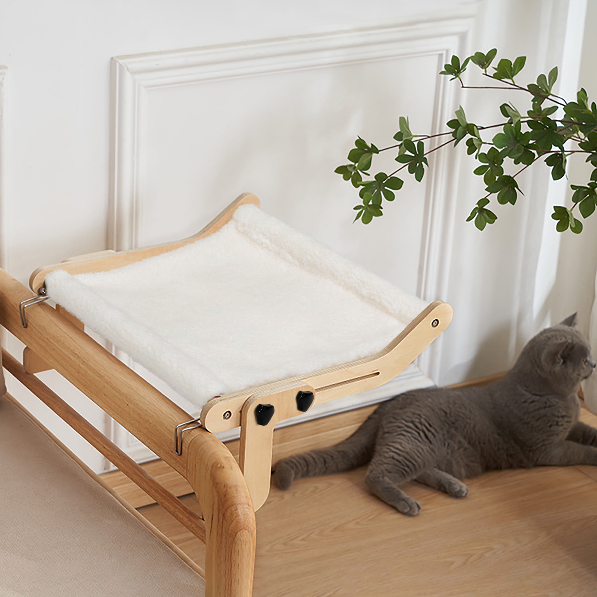 Small White Cashmere Rectangular Cat Hammock with Wooden Frame