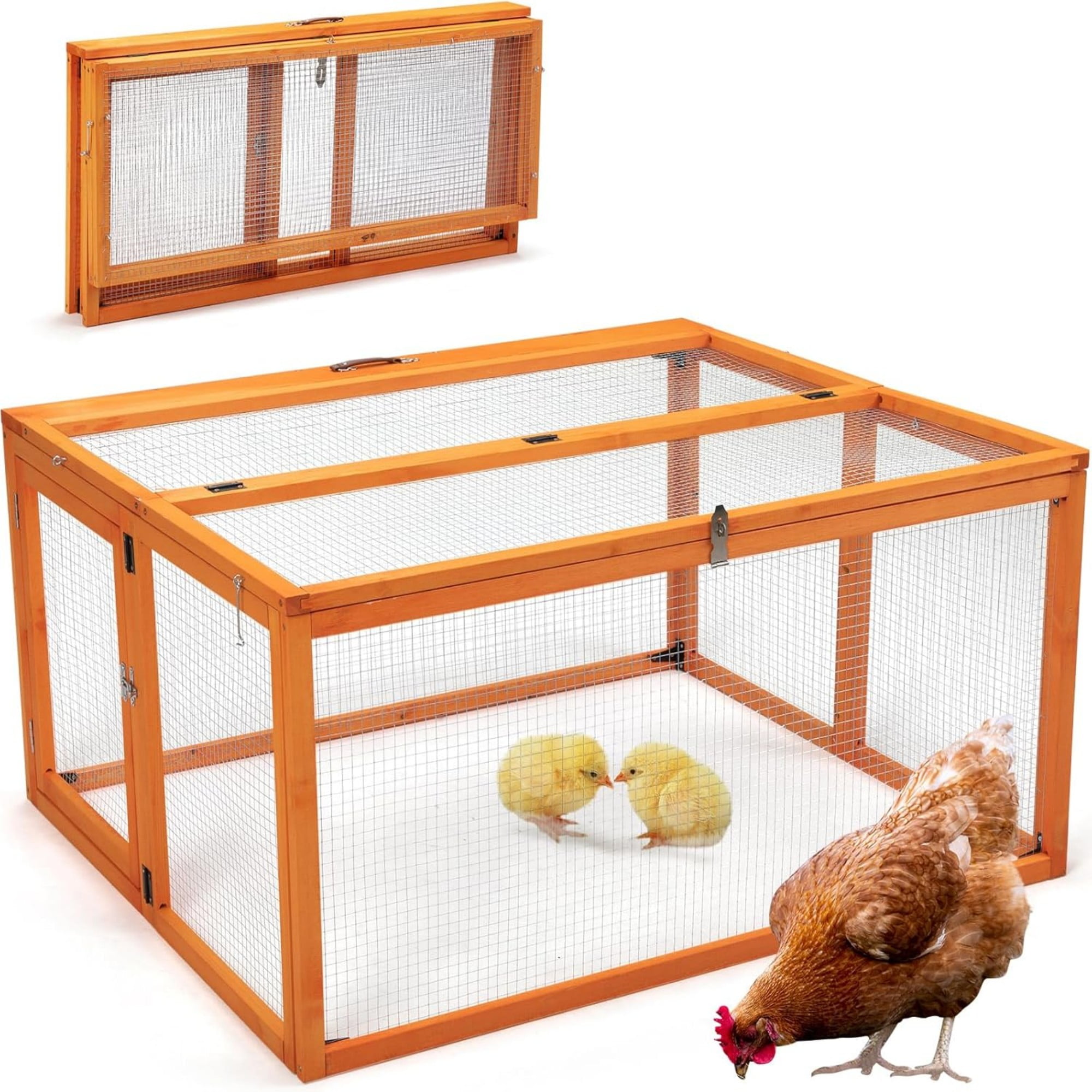 Orange Folding Fir Wood Chicken Coop with Roosting Bar