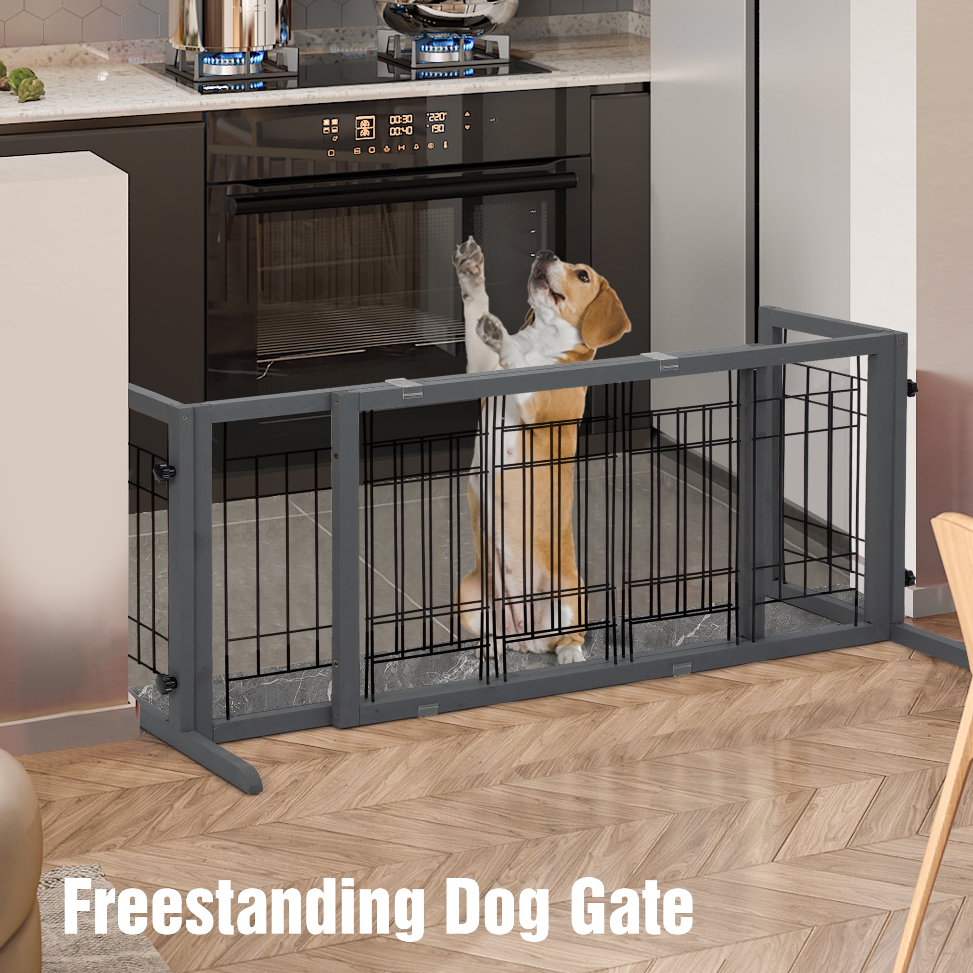 Coziwow Freestanding Wood Pet Gate, 38"-71" Sturdy Solid Wood Dog Gate for The House, Doorway, Stairs, Pet Puppy Safety Fence, Grey