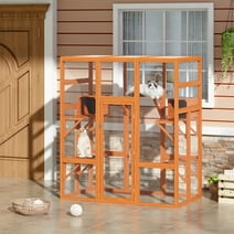 Coziwow Large Wooden Cat Enclosure Catio Cat Cage Outdoor Pet House Small Animal Hutch, Orange
