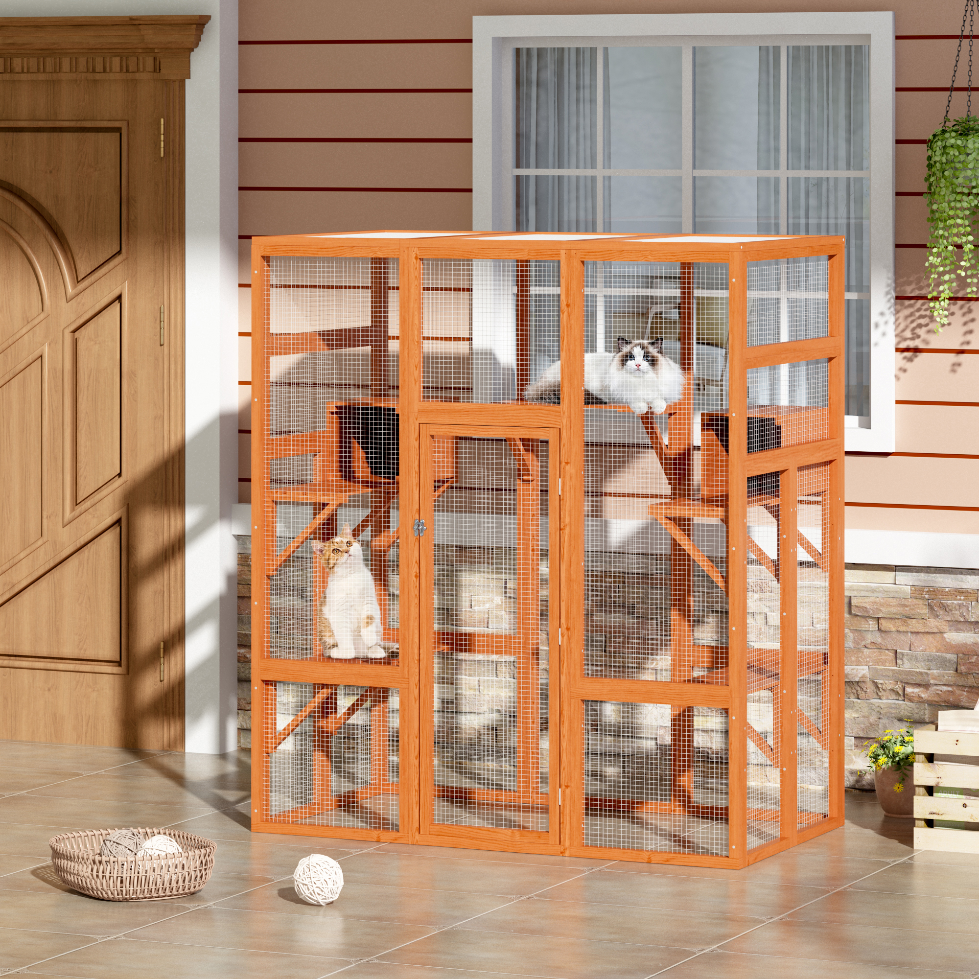 COZIWOW Upgraded Large Outdoor Catio For Multiple Cats - Grey Wooden Cat House With Platforms