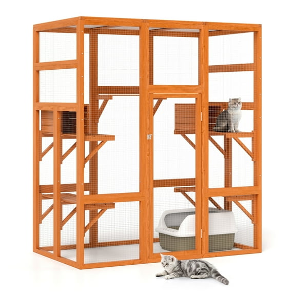 Coziwow Large Wooden Cat Enclosure Catio Cat Cage Outdoor Pet House Small Animal Hutch, Orange