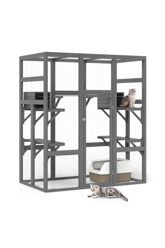 Large Wooden Cat House, Outdoor Cat Enclosure with Weather Protection Roof, Catio Cat Cage with 5 Platforms and 2 Caves, Gray