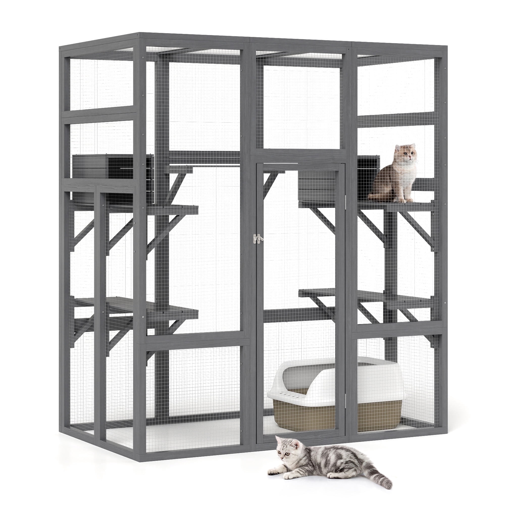 Coziwow Large Wooden Cat House, Outdoor Cat Enclosure with Weather Protection Roof, Catio Cat Cage with 5 Platforms and 2 Caves, Gray