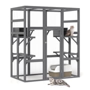 Coziwow Large Wooden Cat House, Outdoor Cat Enclosure with Weather Protection Roof, Catio Cat Cage with 5 Platforms and 2 Caves, Gray