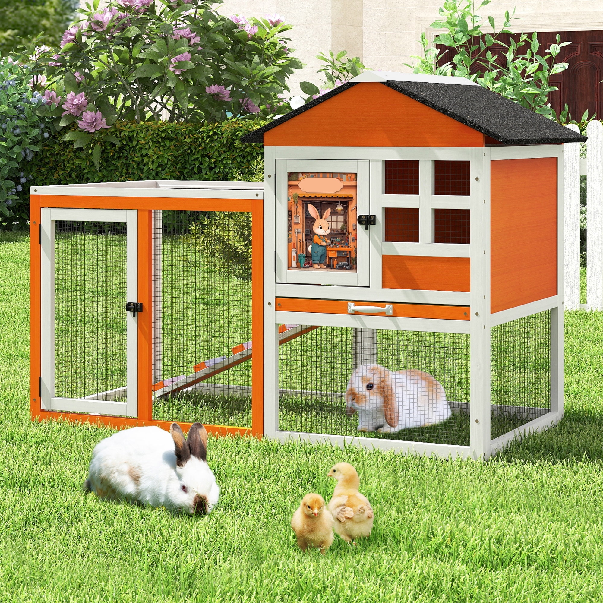 Coziwow Outdoor Rabbit Hutch Large Pet House Wooden Habitat Small Animal Pet Poultry Cage, Gray