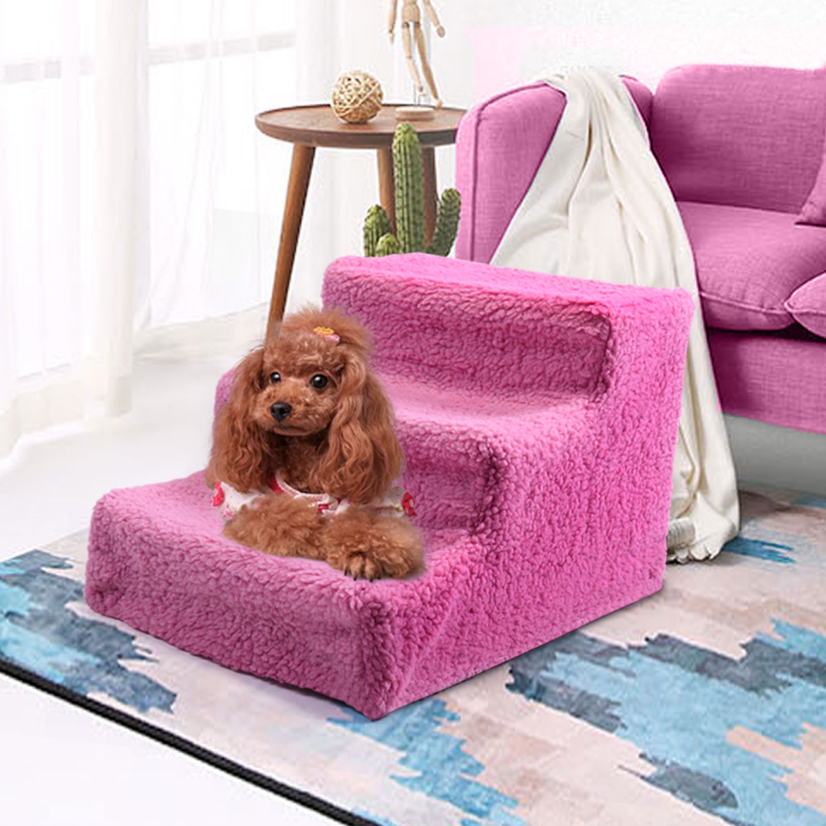 Coziwow Pet Stairs 3 Steps Indoor Dog Cat Steps Removable Washable Pets Ramp Ladder Pink - image 1 of 10