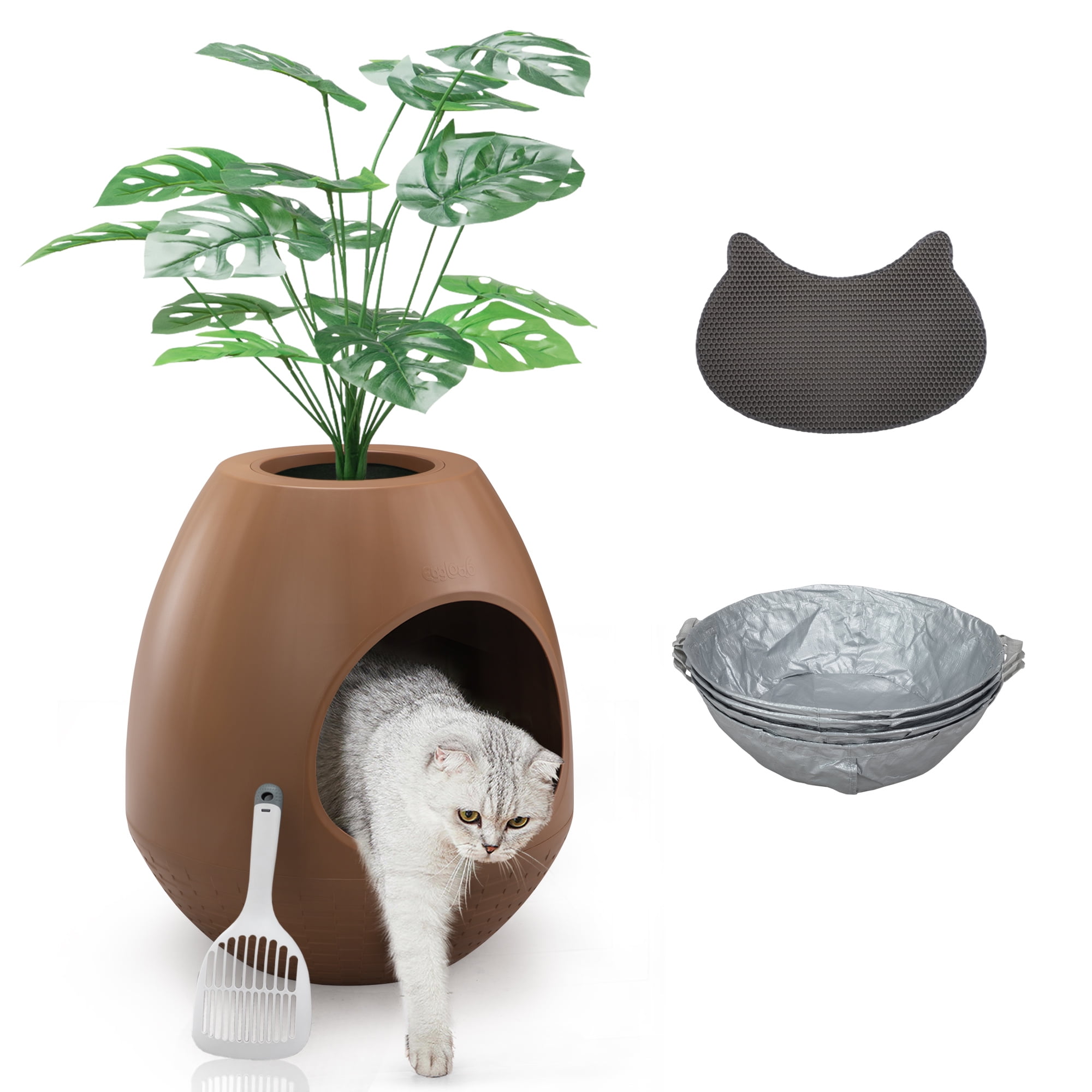 Coziwow Plant Litter Box, Hidden Cat Litter Box with Artificial Plants and Cat Litter Mat, Carbon Odor Filter System, Easy to Clean, Brown