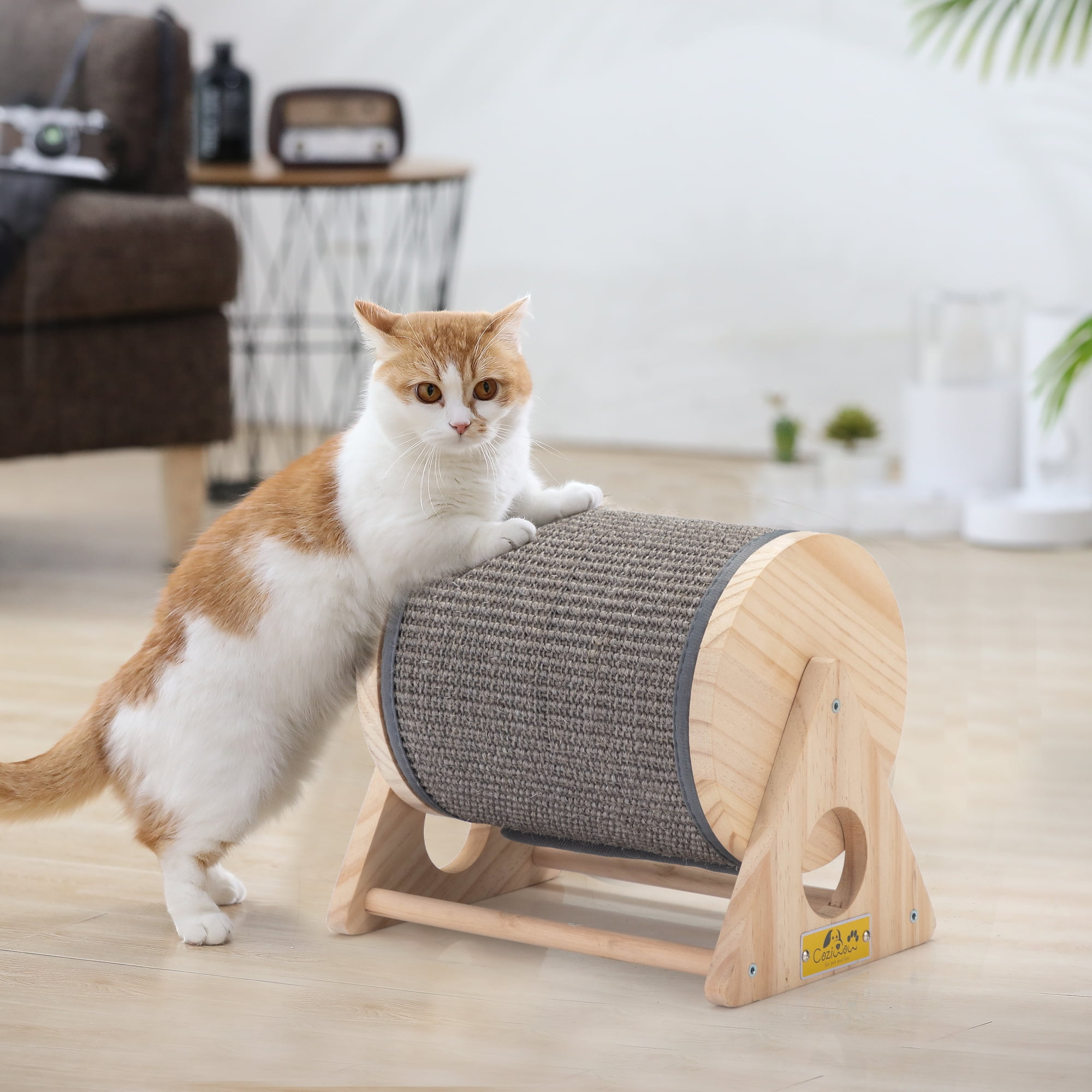 Natural Pine Wood Rotatable Cat Scratching Post with Sisal Carpet