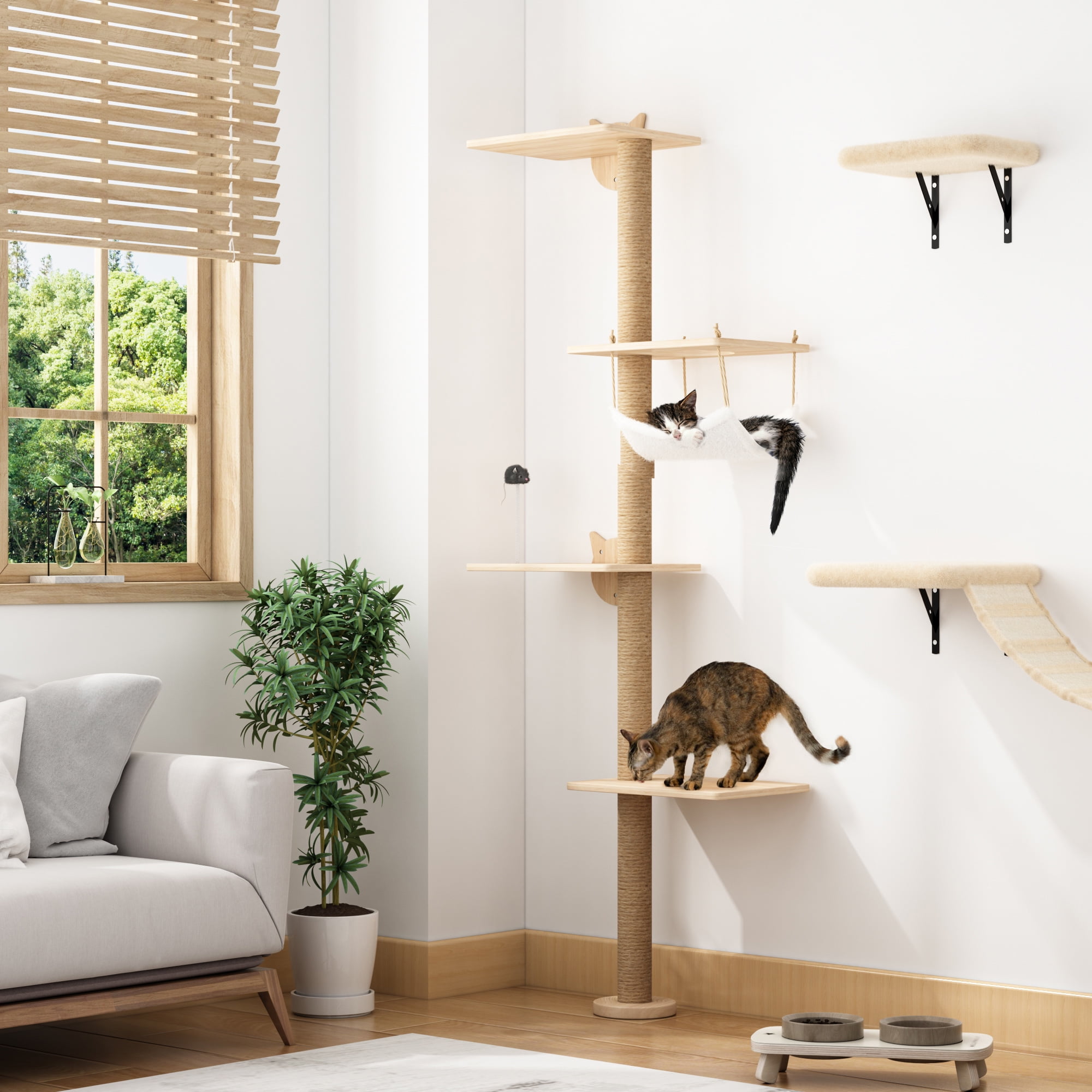 Natural Pinewood Wall-Mounted 4-Tier Cat Tree with Sisal Scratching Post