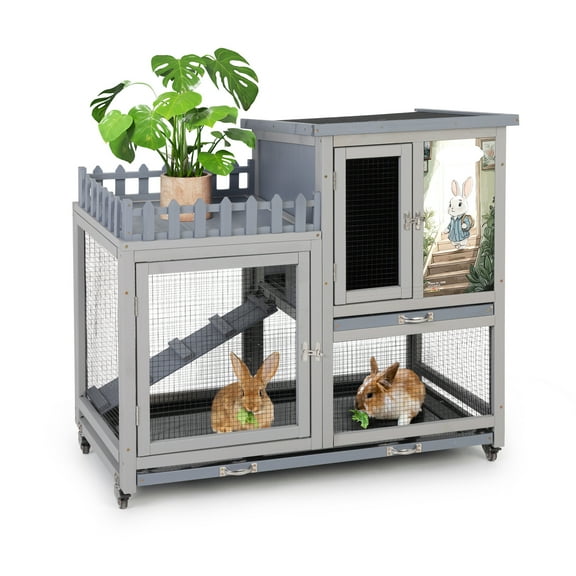 Coziwow Wooden 38inches Rabbit Hutch Bunny Cage Small Animal House with Wheels Indoor&Outdoor, Gray