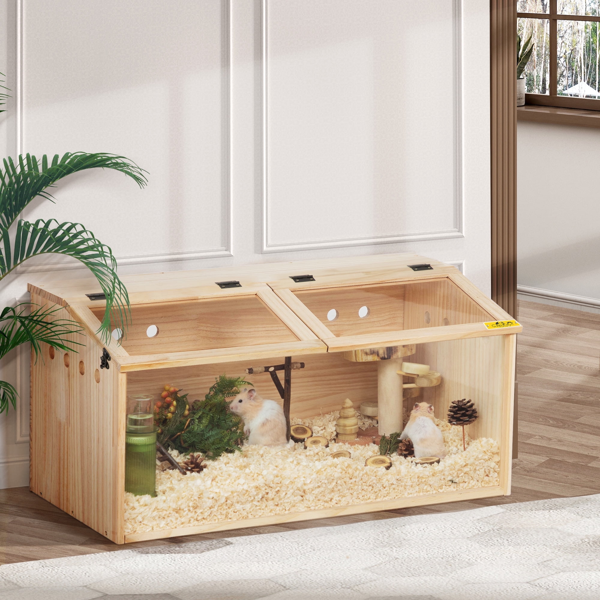 Natural Pinewood Hamster Cage with Acrylic Roof and Panels