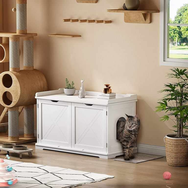 Coziwow Cat Litter Box Furniture, White Washroom Storage Bench