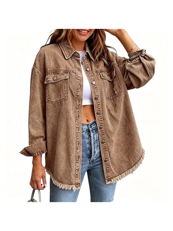 Oversized Fringe Hem Denim Shacket, Women Vintage Washed Button Down Long Sleeve Jean Jacket with Pockets