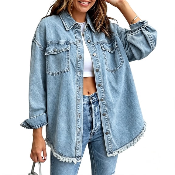 Cozlax Oversized Fringe Hem Denim Shacket, Women Vintage Washed Button Down Long Sleeve Jean Jacket with Pockets
