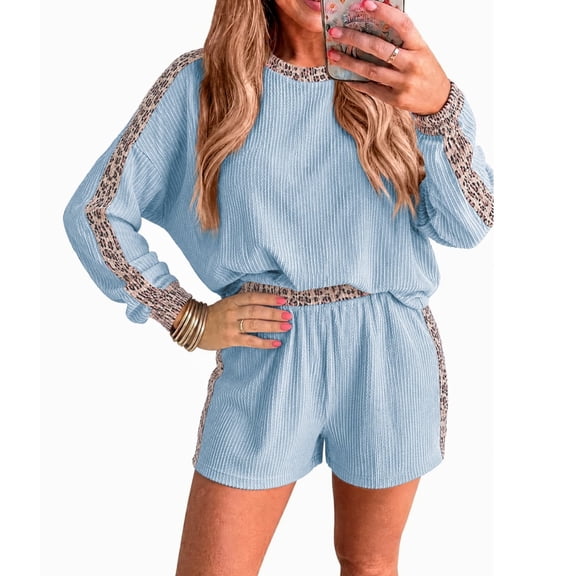 Cozlax women's Ribbed 2 Piece Outfit, Leopard Trim Long Sleeve Top and Elastic Waist Shorts Casual Loungewear Set