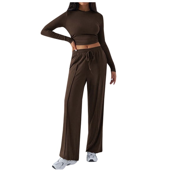 Cozy 2 Piece Lounge Sets for Women Side Ruched Long Sleeve Top & Wide Leg Pants Casual Matching Tracksuit (L, Coffee)