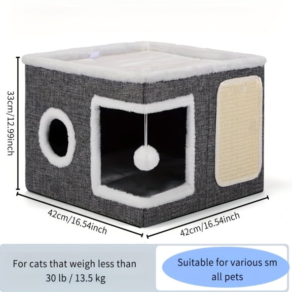 Cozy 2-Tier Cat House w/ Plush Bed & Scratch Post, Foldable, 16.5"x16.5"x13", for 1-2 Cats, Easy Assembly