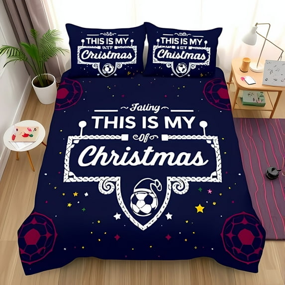 Cozy 3-Piece Duvet Cover Set with Festive Navy Blue Design - " THIS IS MY Christmas " Text Stars & Soccer Ball with Santa Hat Perfect for Holiday Decor