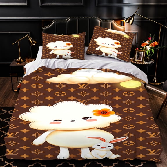 Cozy 3-Piece Duvet Cover Set with Whimsical Interlocking Design & Cartoon Sheep Pattern - Warm Brown Background Perfect for Inviting Bedrooms