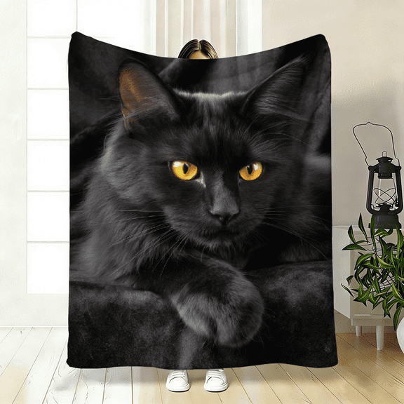 Cozy 3D Cat Print Flannel Throw Blanket Plush, Warm Soft with Black Geometric Design - Perfect for Sofa, Bed, or Gift - Unisex Comfort for All Seasons - 280gsm Polyester