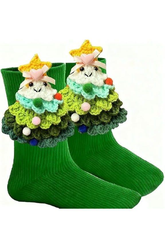 Cozy 3D Hand-Knitted Christmas Tree Socks - Soft Warm Winter Socks for Family, Breathable Festive Holiday Socks, Cute Xmas Tree Design, Perfect for Home & Gift-Giving, A Pair, Green