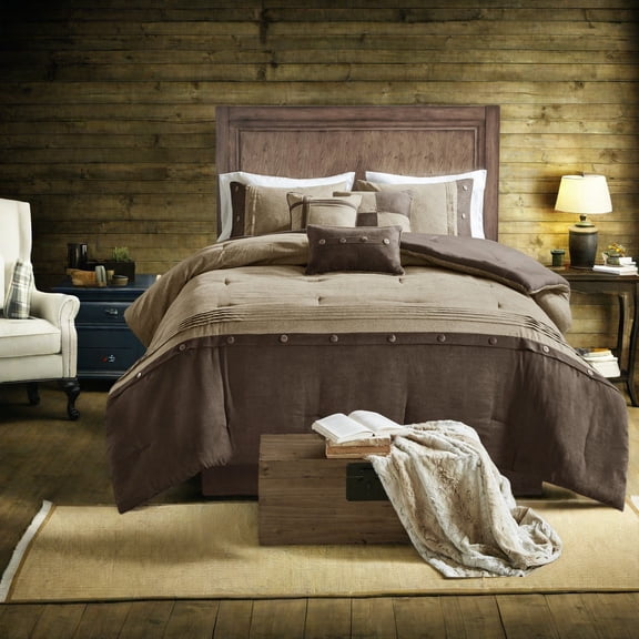 Cozy 7Piece Faux Suede Bedding Set Brown Polyester Rustic Lodge Style for Bedroom Comfort