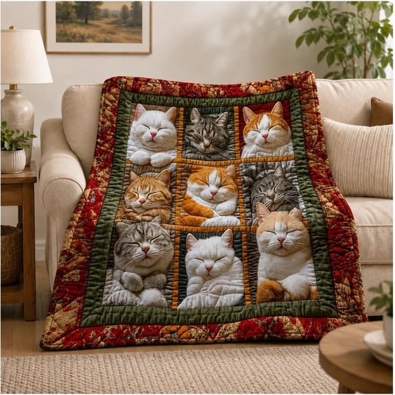 Cozy 9-Panel Sleeping Cats Pattern Blanket Thick Plush Fleece Throw Warm Polyester Bed Quilt Cat Lovers Decor Soft Quilted Patchwork Cover Sofa Couch Bedroom Farmhouse Rustic Accent(27.56 * 39.37 in)