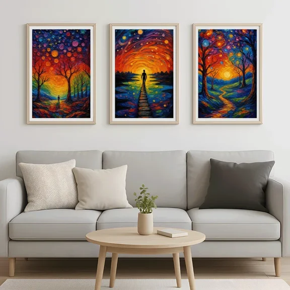 Cozy Abstract Night Sky Posters Set of 3 | Textured Landscape Art for Home Decor, Poster Only