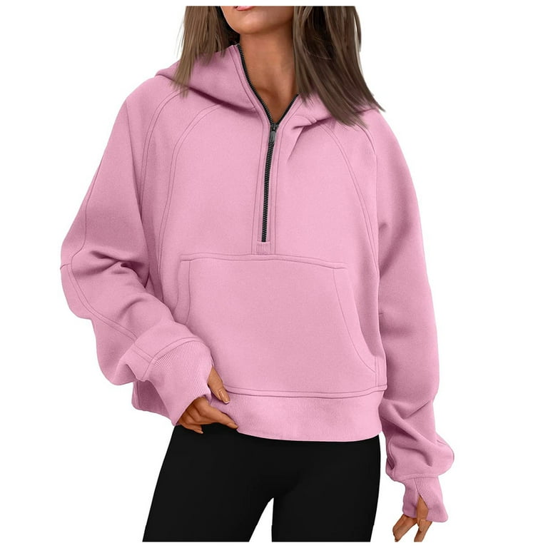 Cozy All Day Long HIMIWAY Classic American Fashion Women's Hoodies Loose  Short Half Zip Pockets Thumb Hole Long Sleeve Pullover Sweatshirts Pink M 