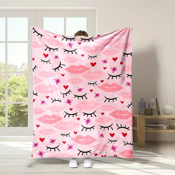 Cozy All-Season Flannel Throw Blanket with Pink Heart & Eyelash Lipstick Design - Soft, Warm, and Reversible for Bed, Sofa, Camping - Perfect Gift for Family and Friends Wearable Blanket