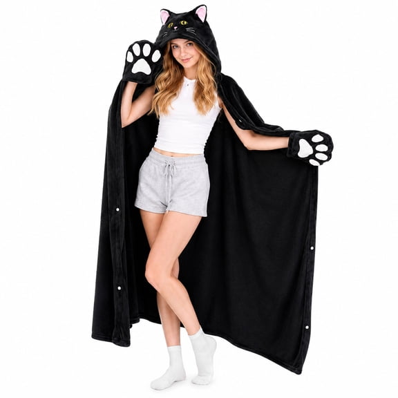 Cozy Animal Hooded Blanket Cape, Foldable Pillow Throw with Paw Pockets and Snaps for Teens Adults Winter Loungewear Sleepwear