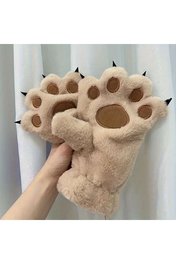 Cozy Animal Paw Gloves, Full-Finger Warm Bear Design for Cold Weather, Adorable Gift for Adults and Seniors in Winter Khaki