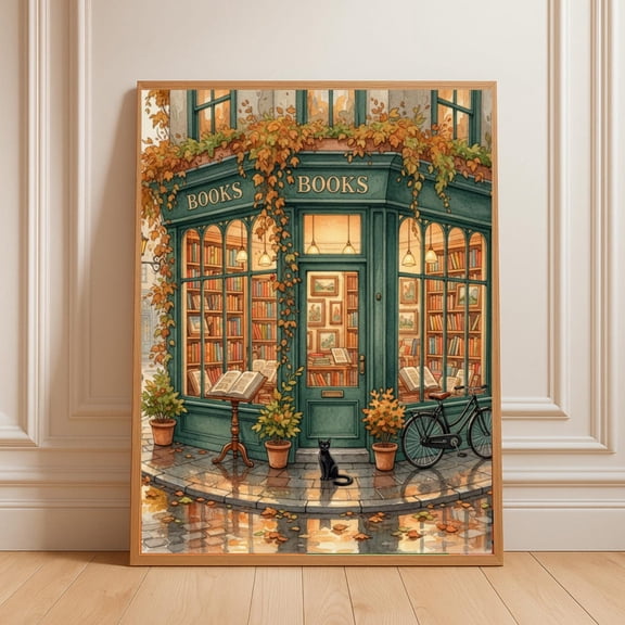 Cozy Autumn Bookshop Poster Vintage Bookstore Illustration, Unframed Poster Size 12x18 F03.1.21l612