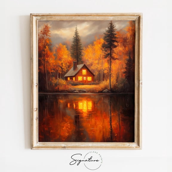 Cozy Autumn Cabin By The Lake, Rustic Fall Cottage Art, Warm Vintage Autumn Wall Decor1237 Home Decor, 8x12 UNFRAMED