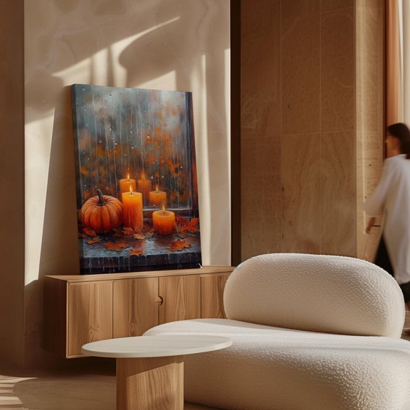 Cozy Autumn Candlelight Wall Art – Pumpkin, Burning Candles, And Raindrops On Glass For Fall Home Decor Print Wall Art, Modern Wall Decor, 8x12 UNFRAMED