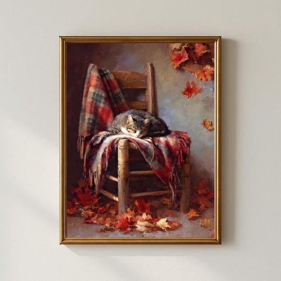 Cozy Autumn Cat Wall Art, Sleeping Cat On Chair With Plaid Blanket And Falling Leaves, Rustic Farmhouse Fall Home Decor #1120, Unframed Canvas Size 16x24