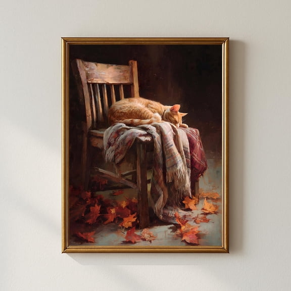 Cozy Autumn Cat Wall Art, Sleeping Cat On Rustic Chair With Blanket And Leaves, Farmhouse Fall Decor Home Decor #1117, Unframed Canvas Size 24x36