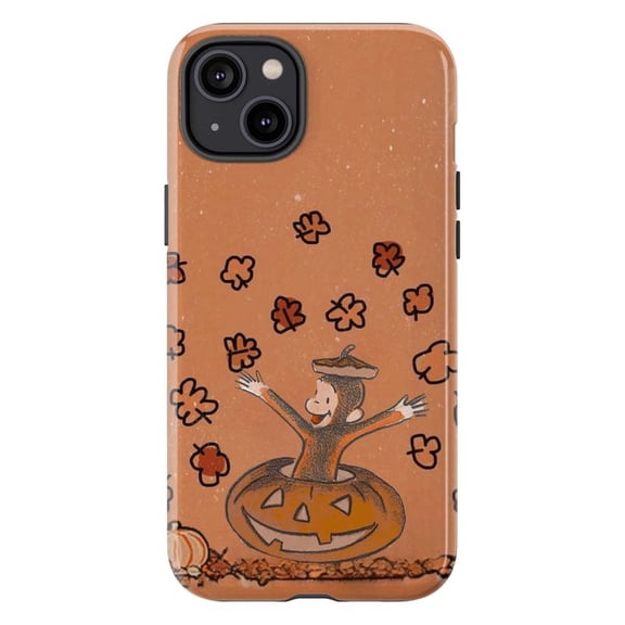 Cozy Autumn Curious Monkey Phone Case, Pumpkin Jack-O’-Lantern & Leaves Design Phone Cover, Cute iPhone Case for Fall Lovers