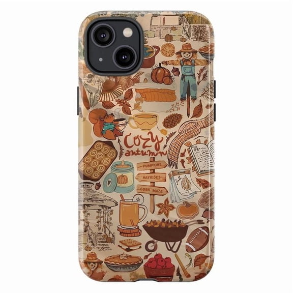 Cozy Autumn Fall Doodle Phone Case, Sepia Vintage Harvest Sketch Cover for iPhone 17 16 15 14 13 12 11 Pro Plus Mini