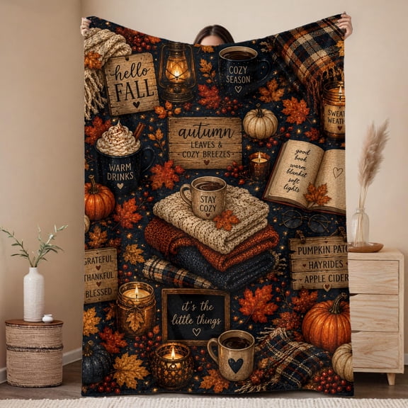 Cozy Autumn Fall Pumpkins Coffee and Leaves Sherpa Fleece 30 x 40 in Throw Blanket, Soft Polyester Seasonal Home Decor for Sofa Bed Couch, Thanksgiving Gift