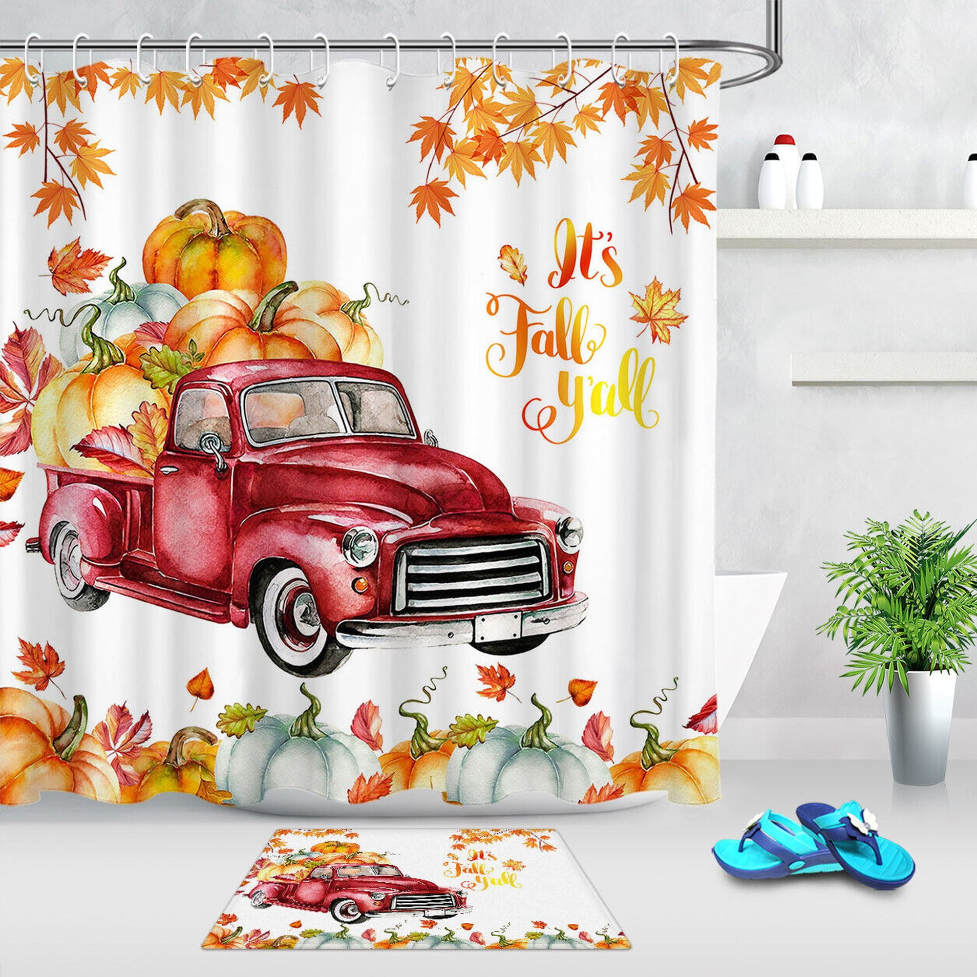 Cozy Autumn Harvest Pumpkin Red Truck Shower Curtain Waterproof