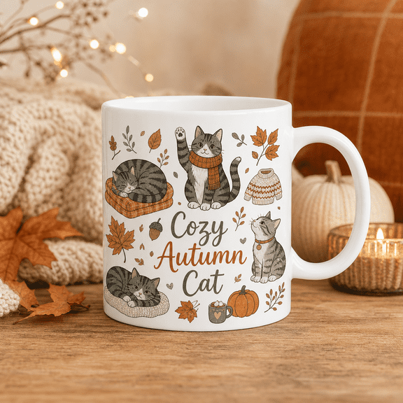 Cozy Autumn Mug American Shorthair Cat Ceramic Coffee Cup for Home or Office, Gift for Cat Lovers